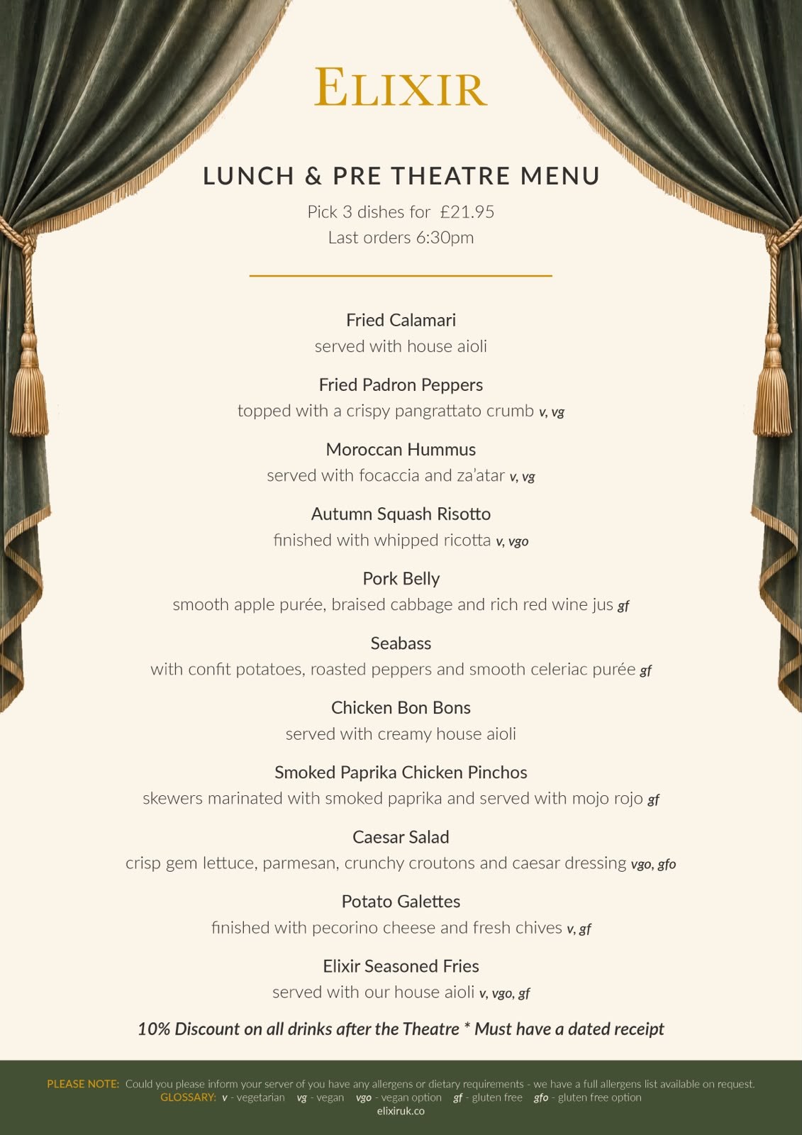 Elixir Liverpool lunch and pre theatre menu, pick three dishes for 21.95